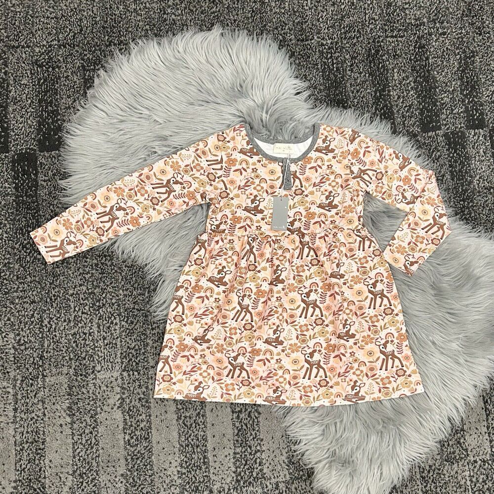 Miki Miette Girls Liv Long Sleeve Dress Fawn‎ Deer Size 6Y New